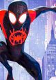 Miles Morales as Spider-Man, poised for action against a vibrant city backdrop in "Spider-Man: Into the Spider-Verse.