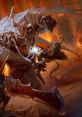 Epic D&D battle scene featuring a fierce ice giant and a brave adventurer wielding magic and a sword in a fiery environment.