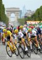 Cyclists in yellow jerseys racing at the Tour de France, with the iconic Arc de Triomphe in the background.