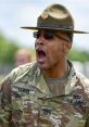 U.S. Army drill sergeant shouting orders during training, demonstrating leadership and discipline in military exercises.