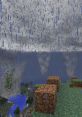 Rain pours down on a Minecraft landscape, creating a stormy atmosphere with dark clouds and wet terrain.