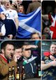 Excited football and rugby fans cheering, waving flags, and enjoying drinks in a lively stadium atmosphere.