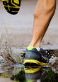 Close-up of a runner's shoe splashing through puddles on a country road, capturing the joy of outdoor exercise.