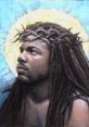 Portrait of Black Jesus with dreadlocks, wearing a crown of thorns, gazing thoughtfully against a radiant background.