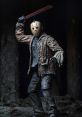 Jason Voorhees figure wielding a bloody machete in a dark, eerie setting, highlighting horror movie collectables.