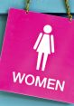 Pink women’s restroom sign featuring a stylized female figure, indicating the ladies' toilet area.