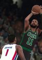 Kyrie Irving shoots a basketball in NBA 2K, showcasing intense gameplay in a competitive match.