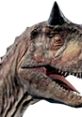 Detailed close-up of a Carnotaurus, showcasing its distinctive scaly texture and prominent horns atop the skull.