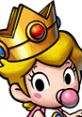 Baby Peach with a golden crown, features from "Mario & Luigi: Partners in Time," playfully sucking on a bubblegum.