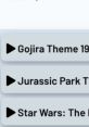 Music track selections for iconic films: Gojira 1954, Jurassic Park, and Star Wars. Perfect for movie enthusiasts.