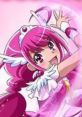 Emily from Glitter Force strikes a dynamic pose with vibrant pink hair and angelic wings against a shimmering background.