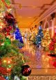 Festively decorated Christmas trees line a grand hallway, adorned with twinkling lights and colorful ornaments.