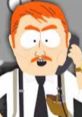 Harrison Yates from South Park speaking on the phone, showcasing his signature red hair and detective attire.