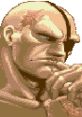 Sagat from Super Street Fighter II, showcasing his iconic fierce expression and distinctive muscular build in pixel art style.