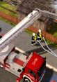 Firefighters operate a ladder truck to combat a blaze near a building in the game Emergency 2.0, showcasing strategic rescue efforts.