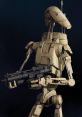 Battle Droid holds a blaster, showcasing its combat-ready stance against a dark background in a sci-fi setting.