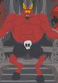 Satan from South Park, depicted as a muscular red figure with horns, sitting on a dark throne, exuding a mischievous aura.