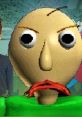 Baldi character with an intense expression, accompanied by a player in a classroom setting from the popular "Baldi's Basics" game.