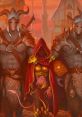 Official Gloomhaven characters: a dark cloaked figure flanked by muscular, horned warriors against a fantasy landscape backdrop.