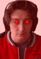 Person with red eyes wearing a red jacket and headphones, labeled 'FAKE ScarticJ,' exuding a gaming vibe.