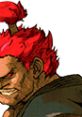 Akuma from Marvel vs. Capcom 2, featuring his iconic red hair and fierce expression, ready for battle.