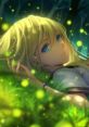 Anime girl resting in a glowing forest, surrounded by magical lights, evoking serene vibes and fantasy themes.