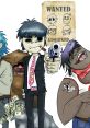 Gorillaz characters in a wanted poster theme, featuring animated band members with cash and firearms. Unique art style.