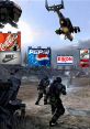 Futuristic gaming scene with soldiers and vibrant billboards of popular brands like Nike and Pepsi. Action-packed gameplay.