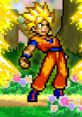 Goku powers up in Super Saiyan form, surrounded by energy sparks and a vibrant, colorful landscape in Dragon Ball.