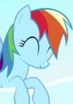 Rainbow Dash from My Little Pony with a cheerful expression, showcasing her vibrant rainbow mane and blue coat.