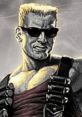 Duke Nukem in sunglasses, showcasing his muscular physique, exudes confidence and determination in a vintage gaming style.