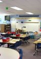 Brightly organized elementary classroom with desks, chairs, educational supplies, and a welcoming atmosphere for learning.