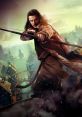 Dynamic portrayal of a bard archer aiming a bow, set against a mystical village landscape. Adventure and fantasy themes.