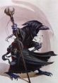 Dark-robed Kenku wizard wielding a staff, showcasing a mystical aura and intricate details in a fantasy setting.