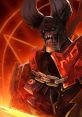 Dota 2 Doom character with fiery background, showcasing armor and menacing horns, representing darkness and power.