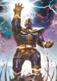 Powerful Thanos wielding his gauntlet, surrounded by cosmic energy and debris, embodying ultimate strength in the galaxy.