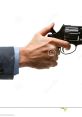 Hand holding a revolver in a business suit, demonstrating gun cocking technique against a white background.