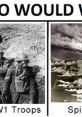 WW1 troops on the left, contrasting with dramatic war imagery on the right; a striking historical meme comparison.