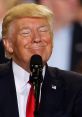 Donald Trump smiling confidently while speaking at a public event, showcasing his signature hairstyle and red tie.