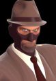 Spy TF2 character in a brown fedora, wearing a mask, with a cigarette, exuding a mysterious and sneaky vibe.