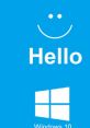 Windows 10 login screen featuring a friendly 'Hello' message on a vibrant blue background with a smiling face.