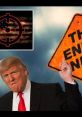 Trump gestures emphatically next to a caution sign reading "The End." Visuals suggest a dramatic political commentary.