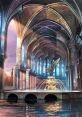 Ethereal architectural scene featuring a fountain, arches, and stained glass reminiscent of Portal 2's Wheatley environments.