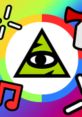 Colorful meme design featuring an iconic triangular eye symbol surrounded by vibrant shapes and music notes, trending in 2021.