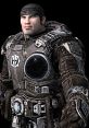 Marcus Fenix from Gears of War 2, showcasing his armored suit and intense expression in a dark background.