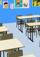 Bright classroom setting with colorful drawings, empty desks and chairs, perfect for creative and fun learning activities.