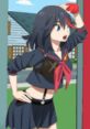 Anime character in a school uniform with a red headband, striking a pose with confidence and attitude outdoors.