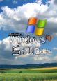 Windows XP Stuart logo set against a serene landscape with clouds and green fields, symbolizing nostalgia for classic computing.