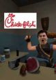 Character exuberantly enjoying Chick-fil-A, embodying the hilarious energy of the Epic Crazy Lady meme culture.