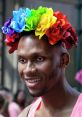 Smiling man in a vibrant rainbow flower crown, embodying pride and creativity as a gay florist celebrating diversity.